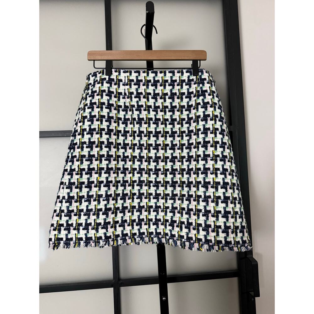 NWT Ann Taylor Houndstooth Tweed Fringe A-Line Skirt White/Navy Size 14